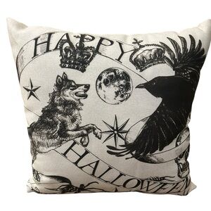 POTTERY BARN Halloween 18” Double Sided Pillow Wolf Raven Moon Rare 2015/2016